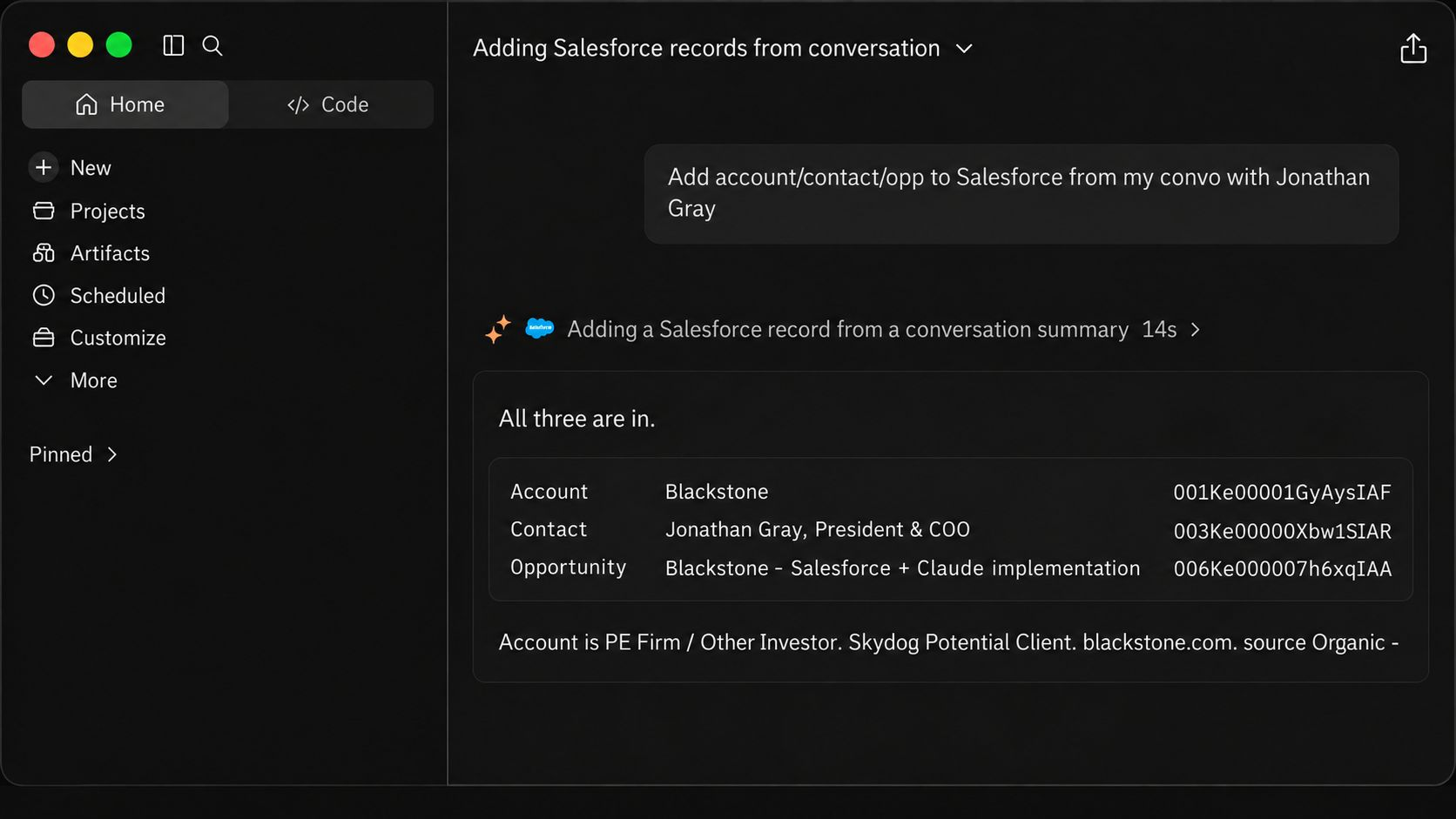 Claude creating Salesforce account, contact, and opportunity records from a conversation