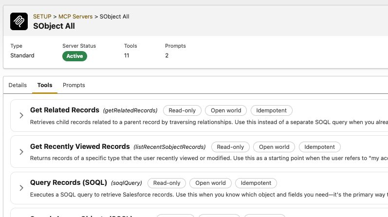 Salesforce MCP server setup showing active tools and their permissions